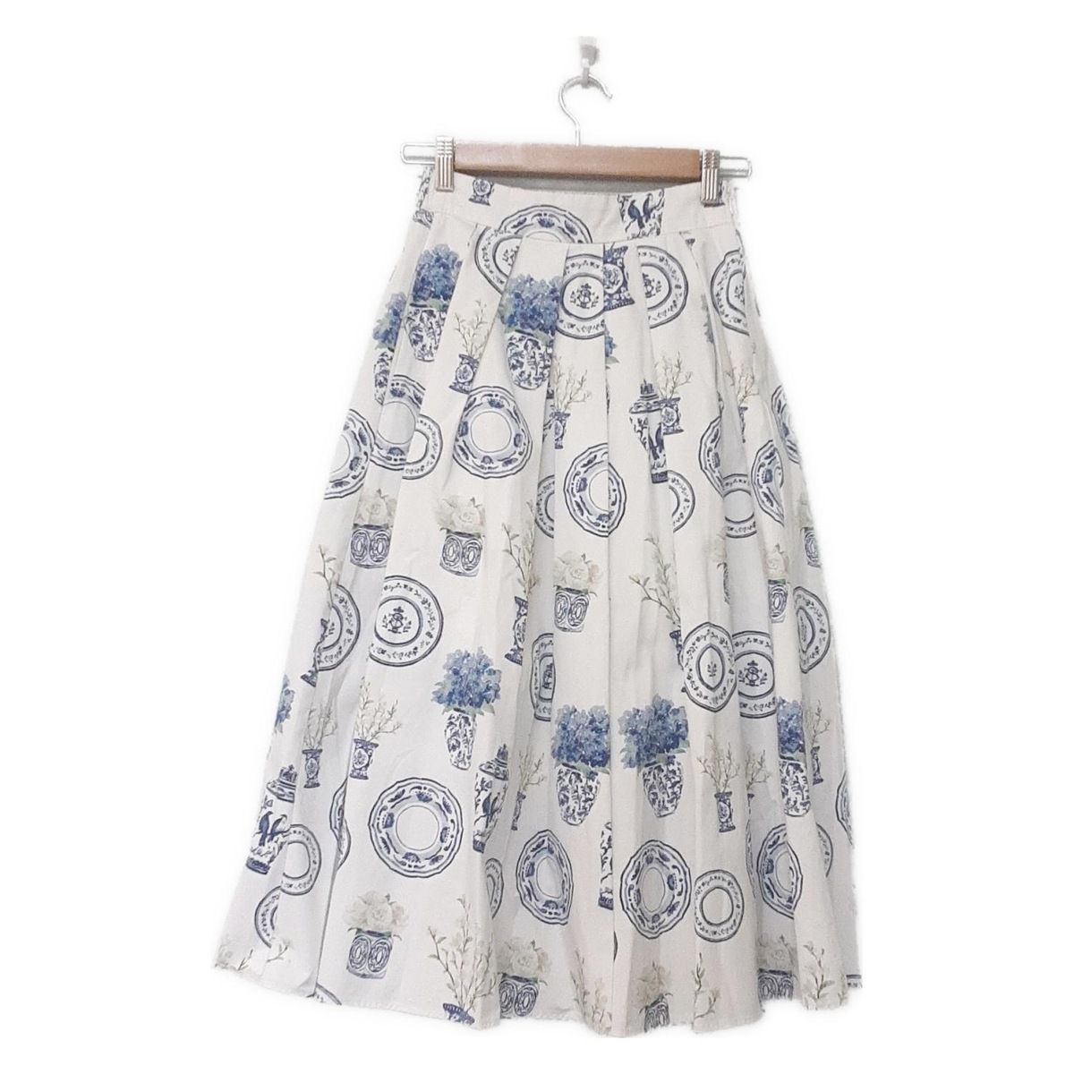 セブンテン バイミホカワヒト ロングスカート サイズXS レディース - イエローグリーン×ネイビー×マルチ フラワー 花 花瓶 プレート