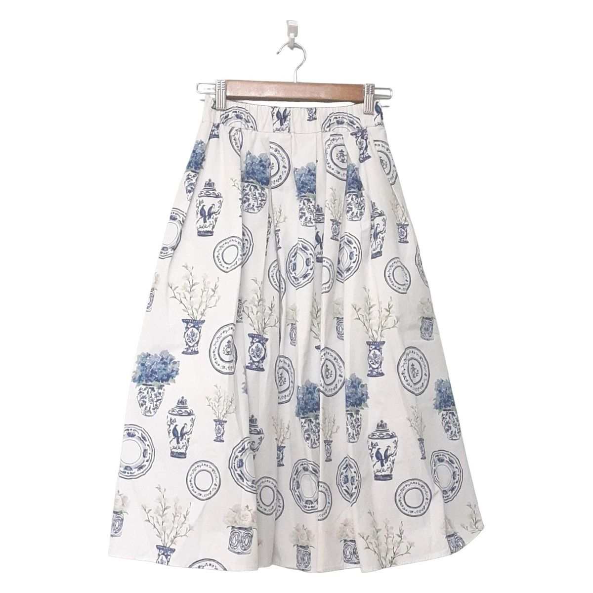 セブンテン バイミホカワヒト ロングスカート サイズXS レディース - イエローグリーン×ネイビー×マルチ フラワー 花 花瓶 プレート