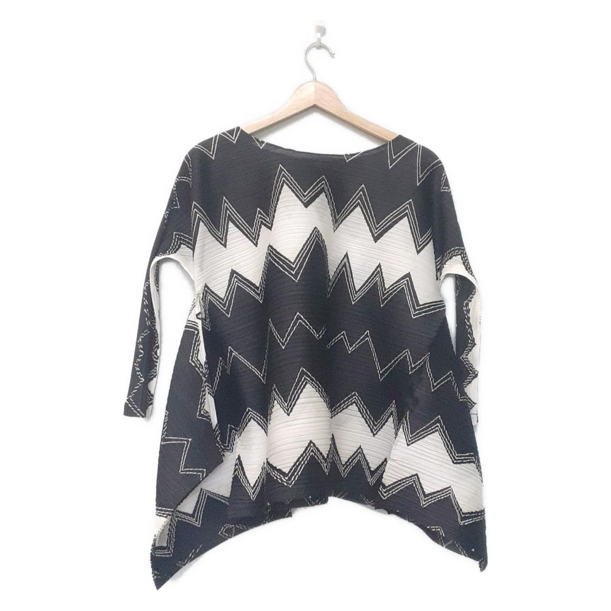 プリーツプリーズ チュニック サイズ3 L レディース - 黒×アイボリー×イエローグリーン クルーネック 七分袖 プリーツ 変形デザイン