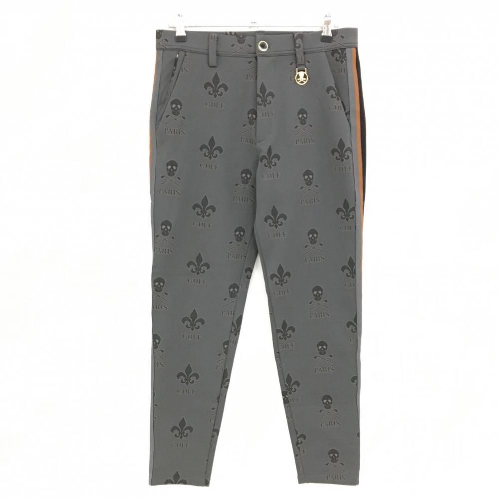 超 マークアンドロナ パンツ グレー 黒 スカル総柄 ストレッチ サイドライン メンズ 48 L ゴルフウェア MARK＆LONA