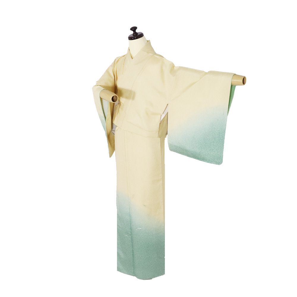 紬 訪問着 袷 正絹 ベージュ 緑 暈し 刺繍 葉柄 Sサイズ ki 31503 レディース シルク ギフト 30代 40代 50代