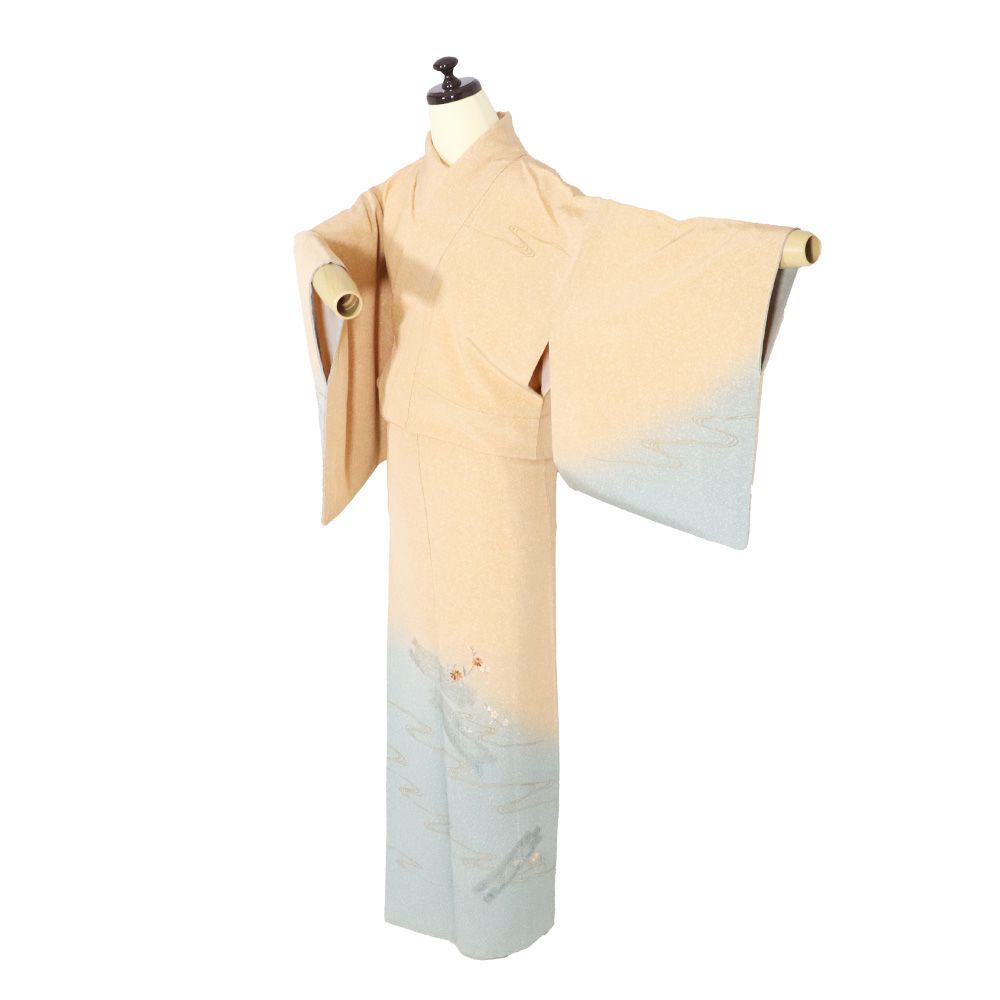 訪問着 袷 正絹 橙色 緑 暈し 刺繍 花筏 菊 梅 紅葉 撫子 椿 Sサイズ ki 31506 レディース シルク フォーマル 30代 40代 50代