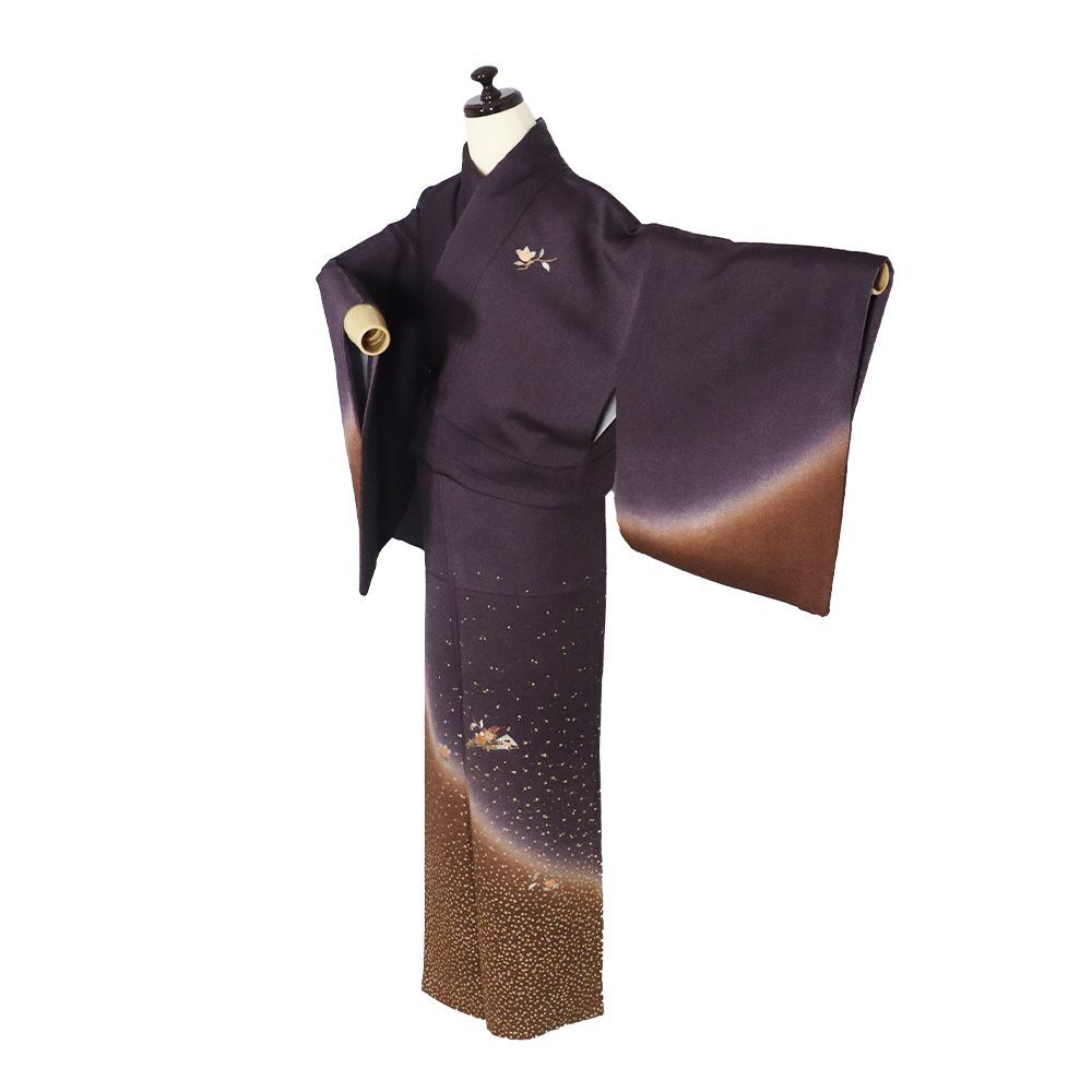 訪問着 袷 正絹 濃い紫 濃茶 暈し 刺繍 檜扇 橘 菊 金箔ちらし 13号 M