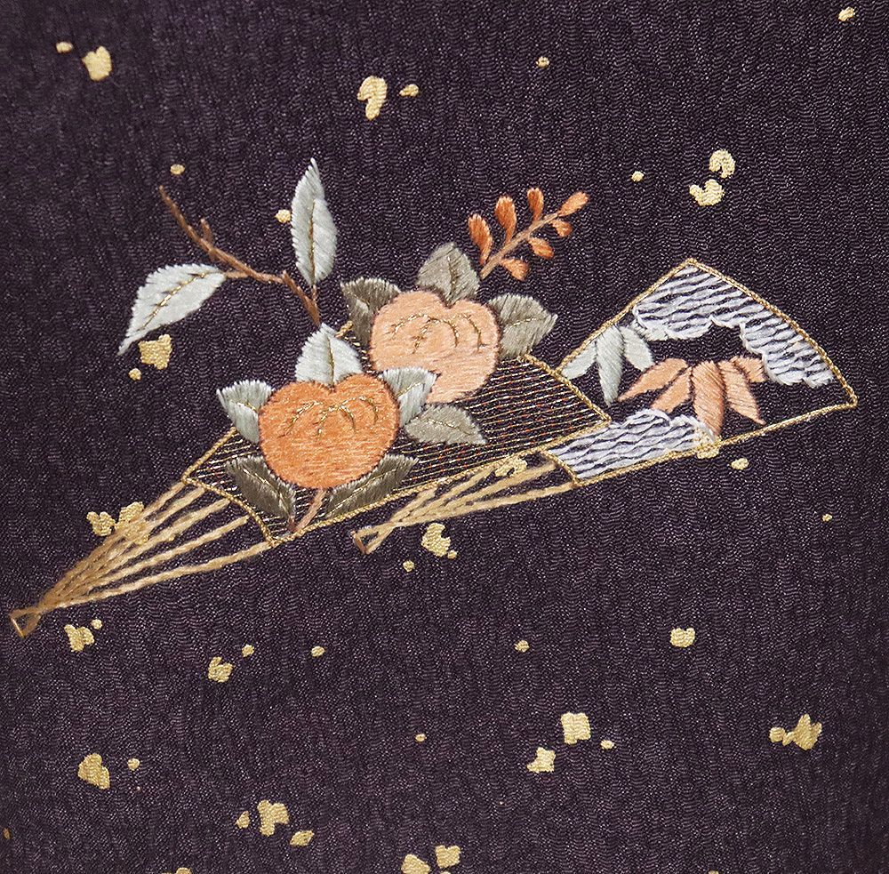 訪問着 袷 正絹 濃い紫 濃茶 暈し 刺繍 檜扇 橘 菊 金箔ちらし 13号 M