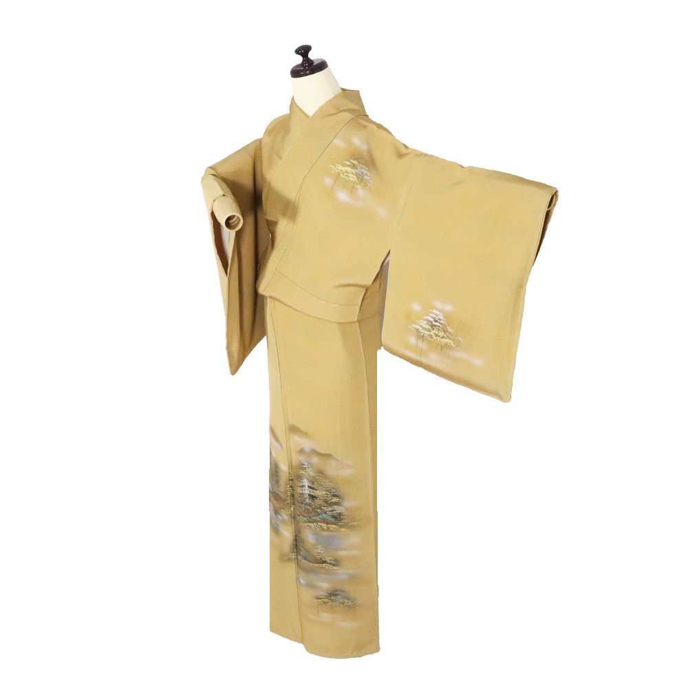 訪問着 袷 正絹 黄土色 緑 三重塔 金箔 銀箔 松 Mサイズ ki 31509 レディース シルク ギフト フォーマル 30代 40代 50代