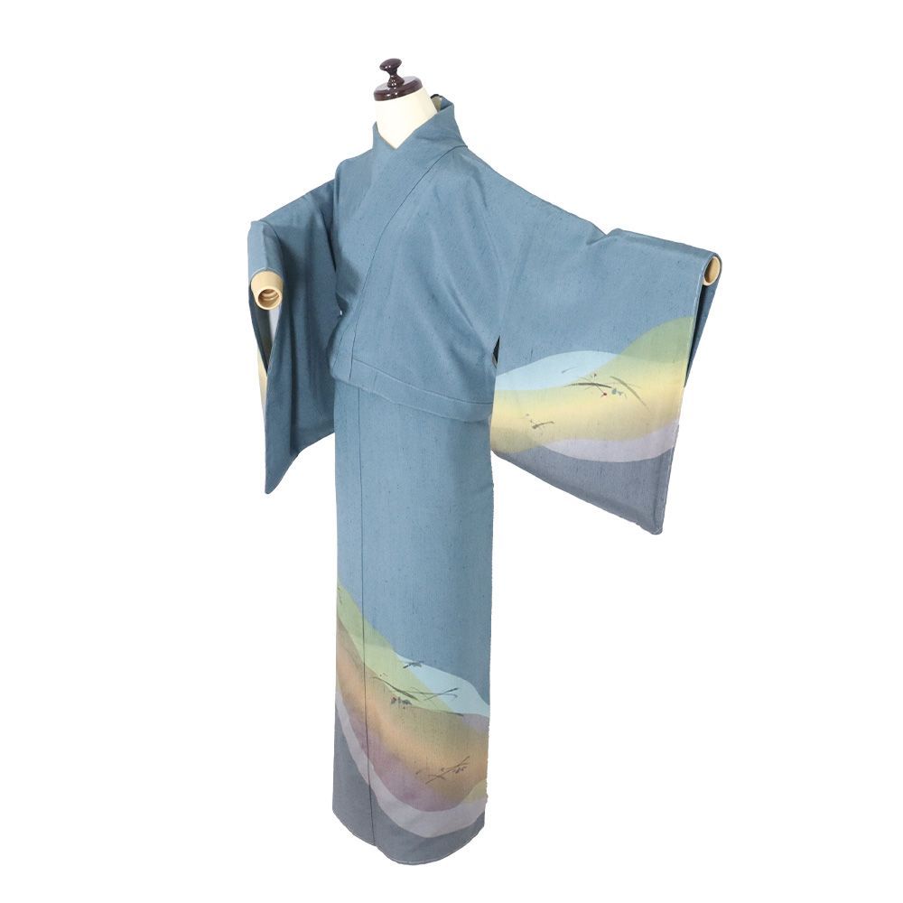 染色作家 岸上純平氏作 手織り紬 訪問着 袷 正絹 グリーン 緑 黄色 水色 赤茶 紫 手描き 草柄 Mサイズ ki 31510 レディース