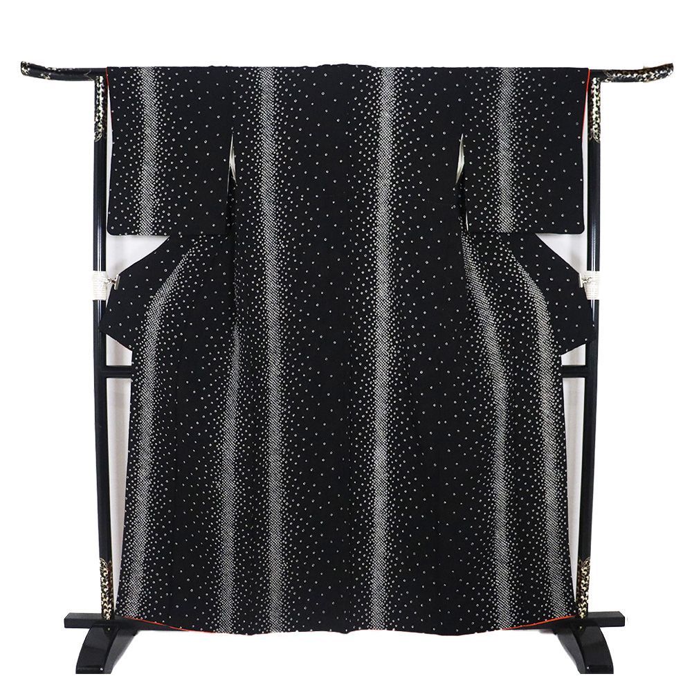 袷　小紋　鹿の子絞り　裄67cm 正絹 絞り小紋 袷 正絹 黒 絞り 鹿の子 縦縞 MLサイズ ki31508 美品