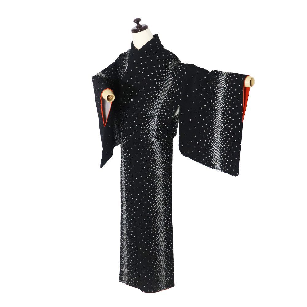 絞り小紋 袷 正絹 黒 絞り 鹿の子 縦縞 MLサイズ ki31508 美品