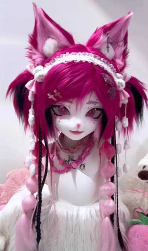 着ぐるみ kigurumi全頭ヘッド ケモノ マスク コスプレ コスチューム 着ぐるみヘッド kigurumi NO.207 猫 ピンク ファースーツ 全頭ヘッド