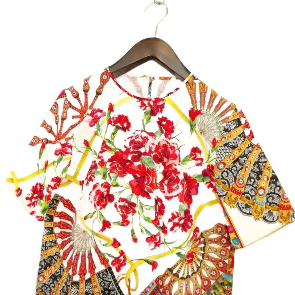 ドルチェ-ガッバーナ ドルガバ DOLCE-GABBANA フラワー 扇子 プリント 総柄 コットン ブラウス シャツ プルオーバー 半袖 46 マルチ
