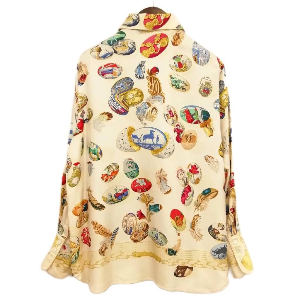 エルメス HERMES Couvee d エルメスの卵 総柄 シルク ブラウス シャツ ヴィンテージ 40 クリーム