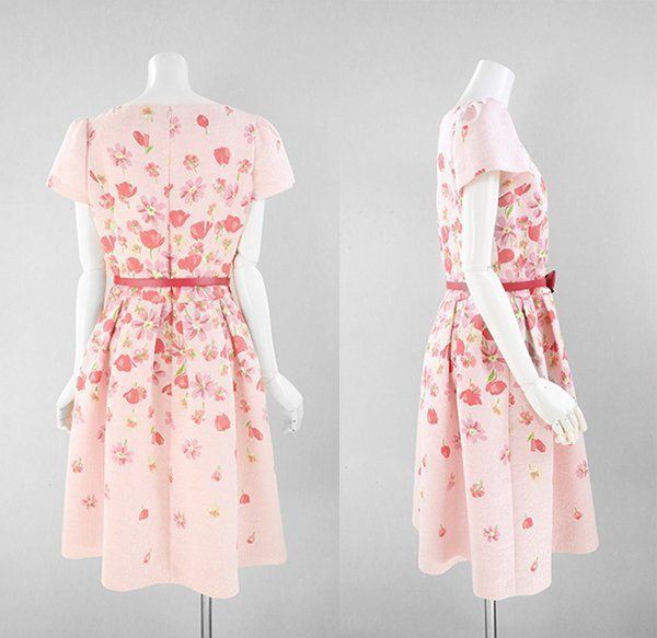 M S GRACY 311127 多色 フラワー ジャガード 花柄 フ ワンピース サイズ40 ピンク ベルト付き ドレス エムズグレイシー G 114