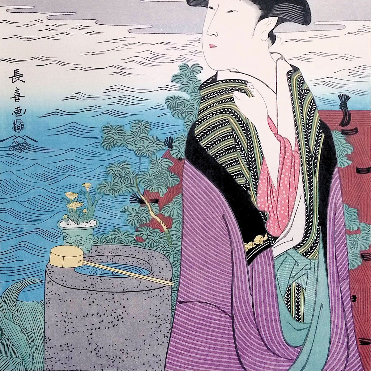 浮世絵 女性と風景 本物版画 栄松斎長喜 初日の出 浮世絵 木版画 雲母摺り きらずり 美人画 女性像