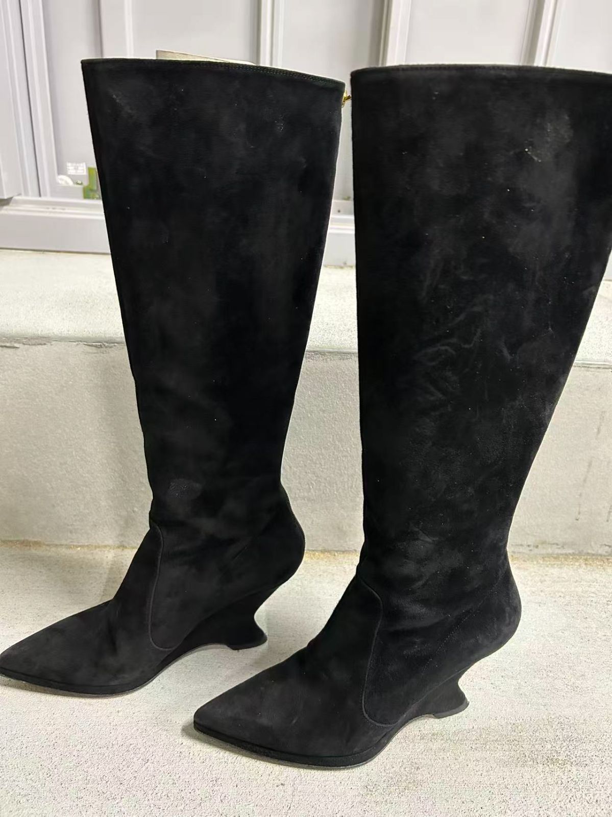 品 クリスチャンディオール Christian Dior チャンキーヒール ロングブーツ スエード レディース ブラック 24-24.5 cm