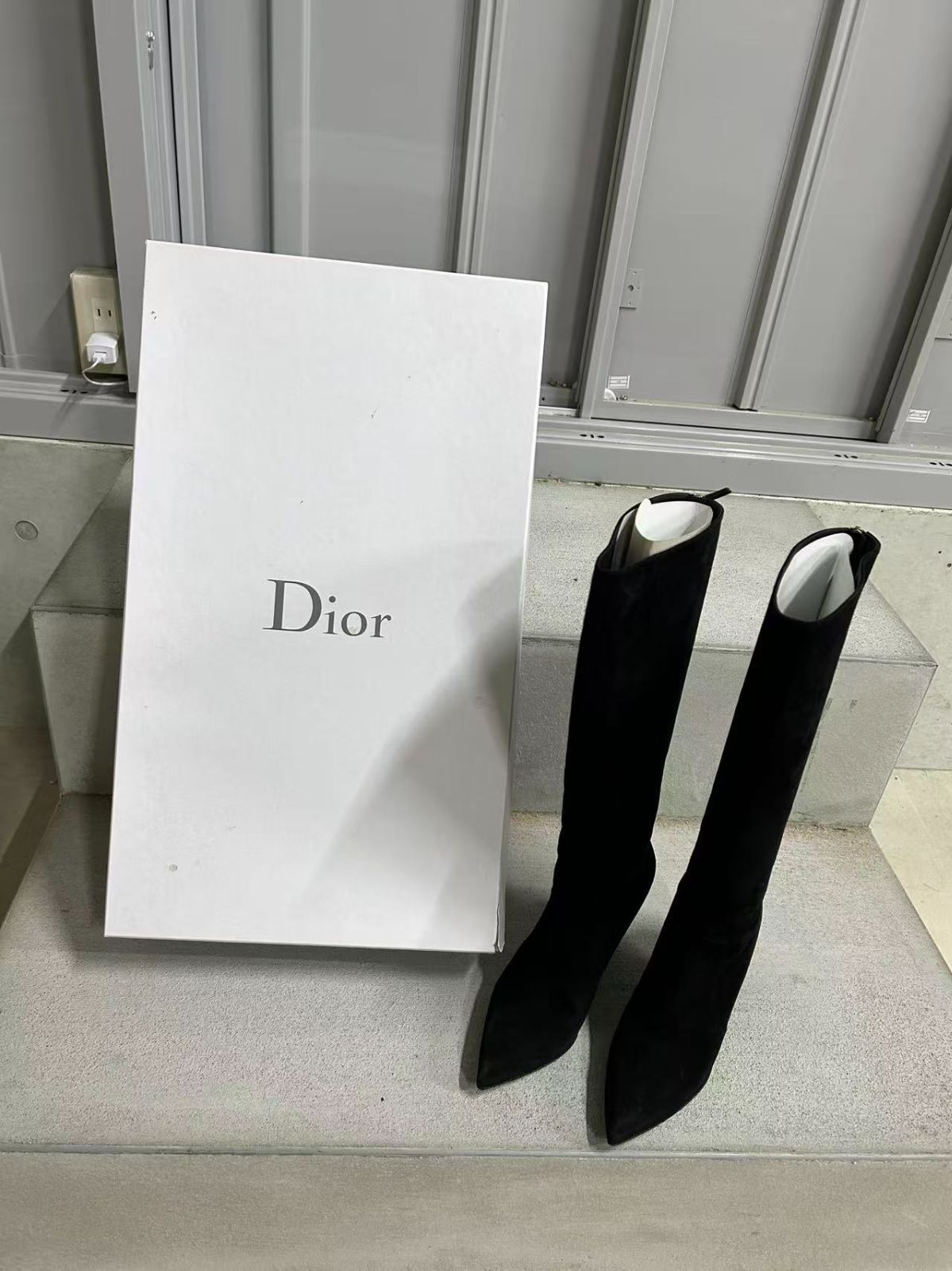 品 クリスチャンディオール Christian Dior チャンキーヒール ロングブーツ スエード レディース ブラック 24 5 cm