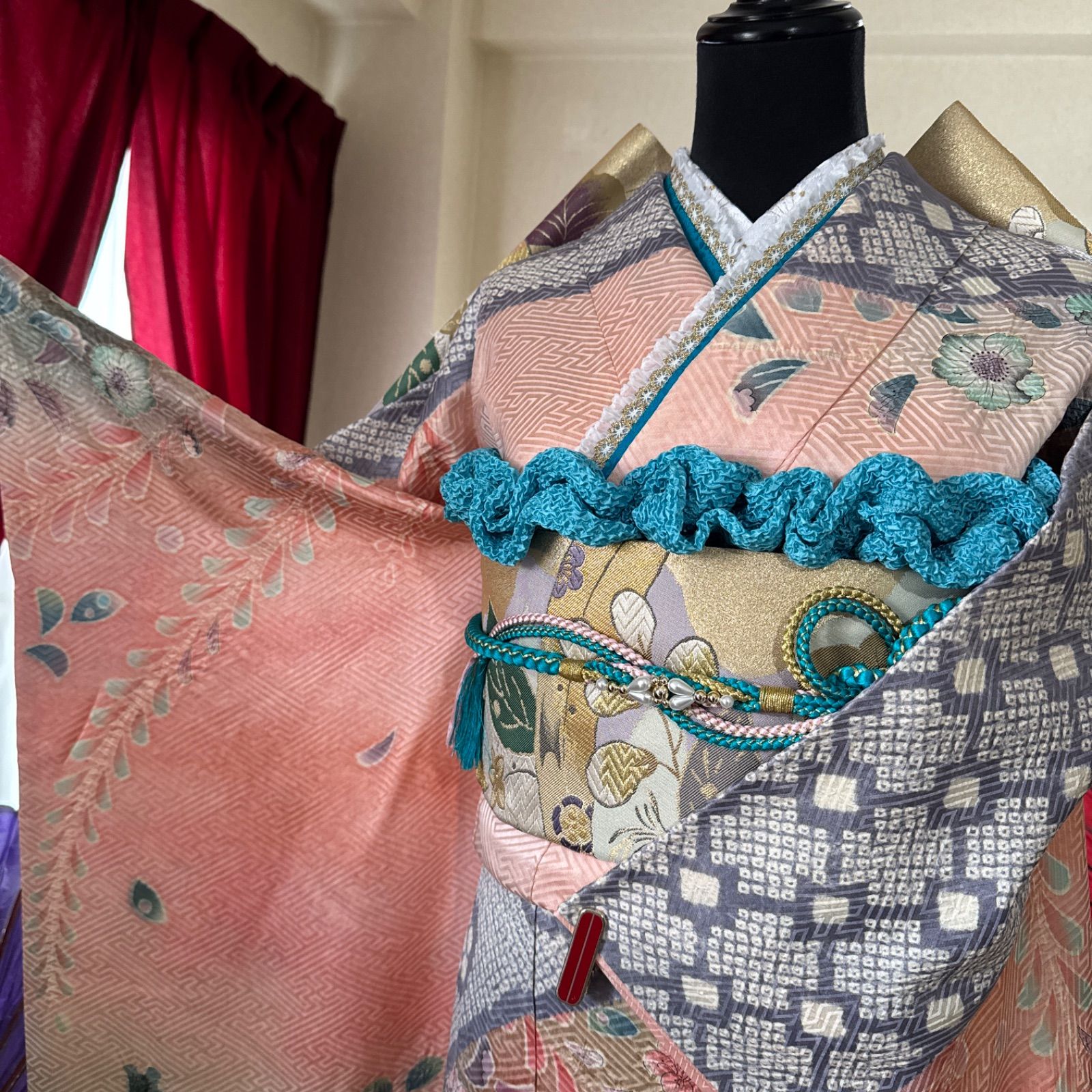 豪華正絹振袖フルセット 身丈167 蘇芳 袋帯 帯揚げ 帯締め 重ね衿 豪華振袖フルセット(6点)・袋帯・半衿・重ね衿・帯揚げ・帯締め