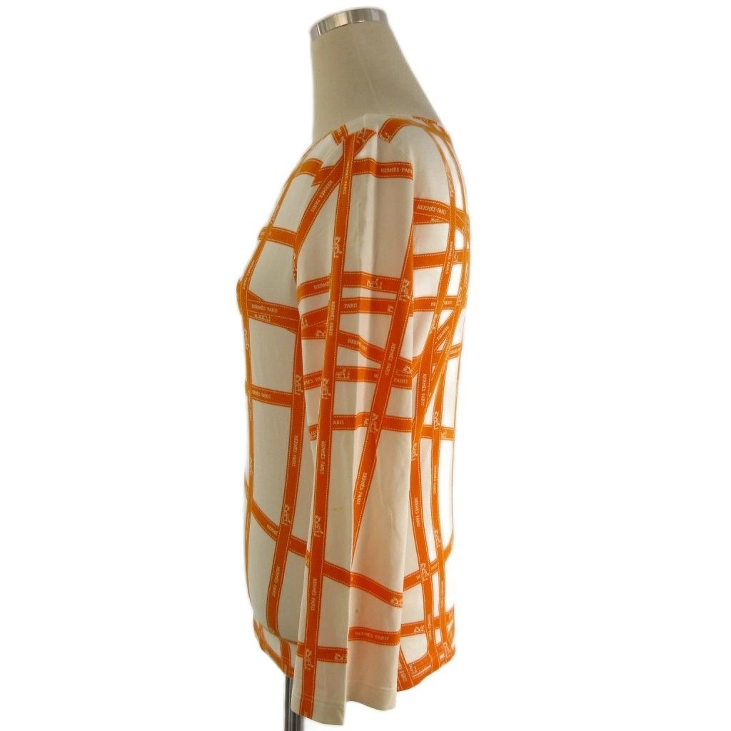 エルメス HERMES ボルデュック リボン柄 カットソー 9分袖 ストレッチ 白 オレンジ SM AA ECT