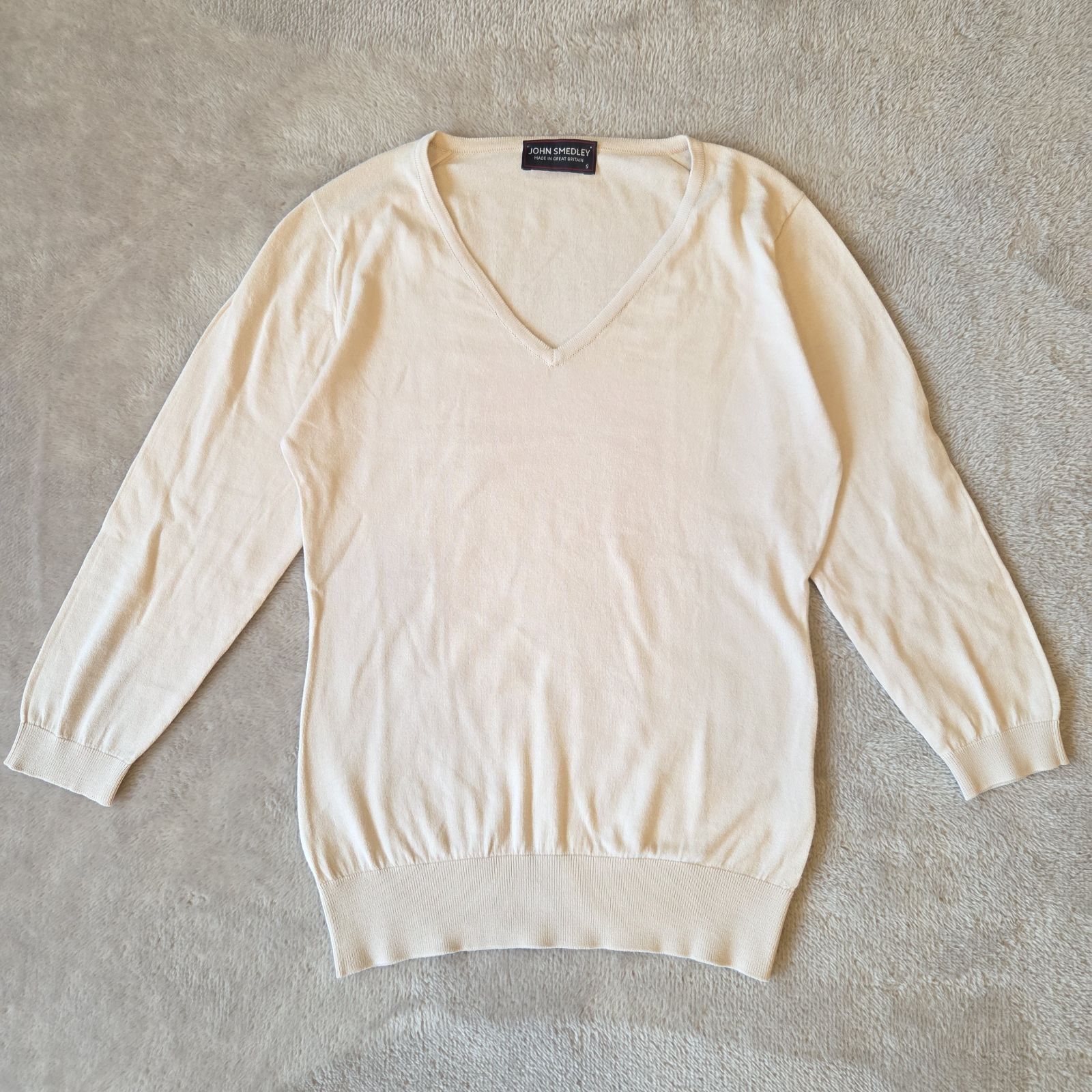 JOHN SMEDLEY Vネック 七分袖 シンプルニット Sサイズ 英国製 綿100％ アイボリー ニットブランド