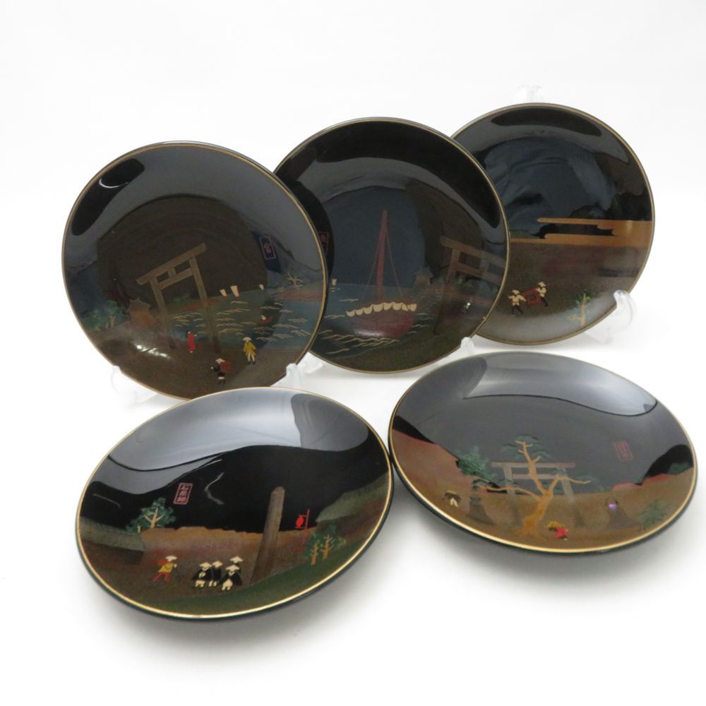 美品 輪島塗 東海道中図 蒔絵 銘々皿 5枚 セット 田谷漆器店 SC9836G1