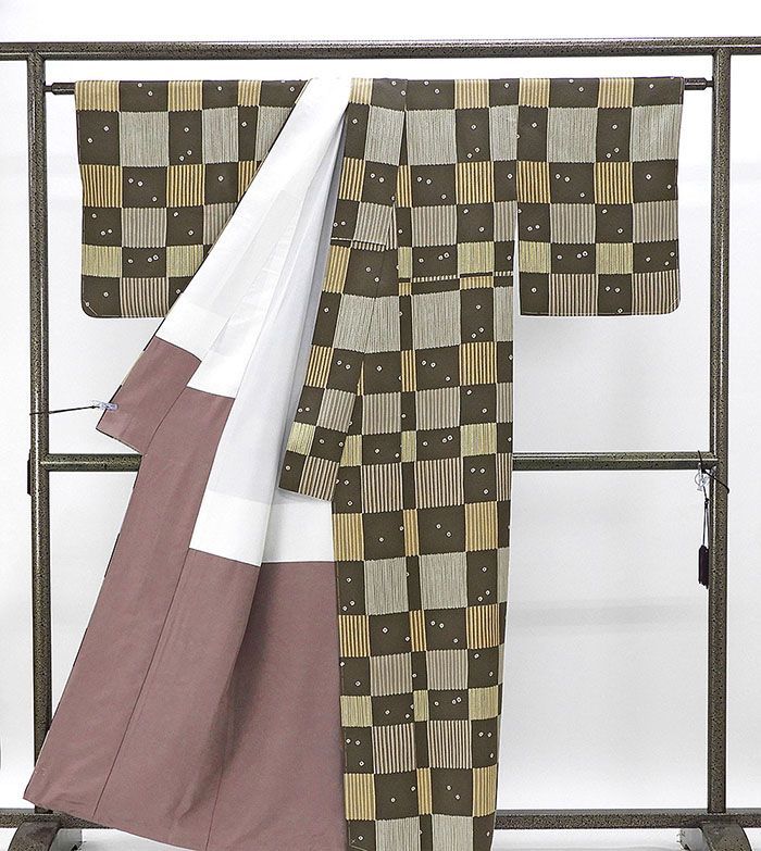 小紋 未使用 正絹 格子 縞 身丈159.5cm 裄丈64cm 小紋 未着用 美品