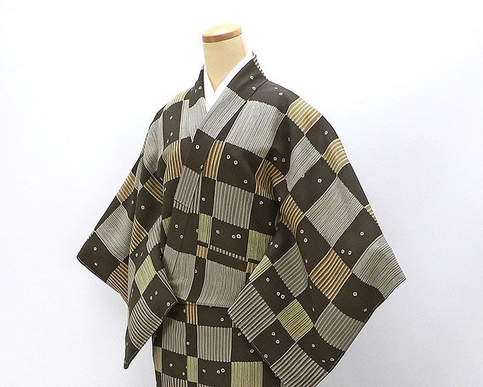 小紋 未使用 正絹 格子 縞 身丈159.5cm 裄丈64cm 小紋 未着用 美品