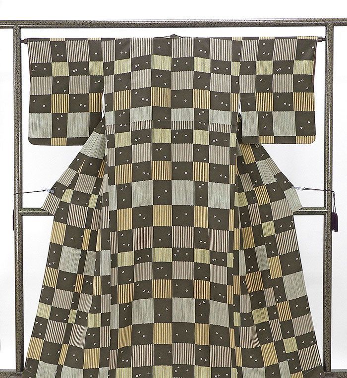 小紋 未使用 正絹 格子 縞 身丈159.5cm 裄丈64cm 小紋 未着用 美品