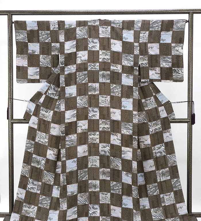 小紋 正絹 吉祥 格子 風景 身丈162 cm 裄丈65 未着用 着物 c 4091