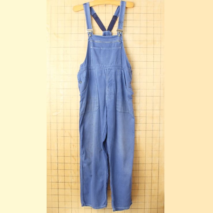 60 s 70 ユーロ ヘリンボーンコットンツイル ワークオーバーオール W 38相当 ネイビー ブルー ペインター ヨーロッパ古着 082725 aw 76