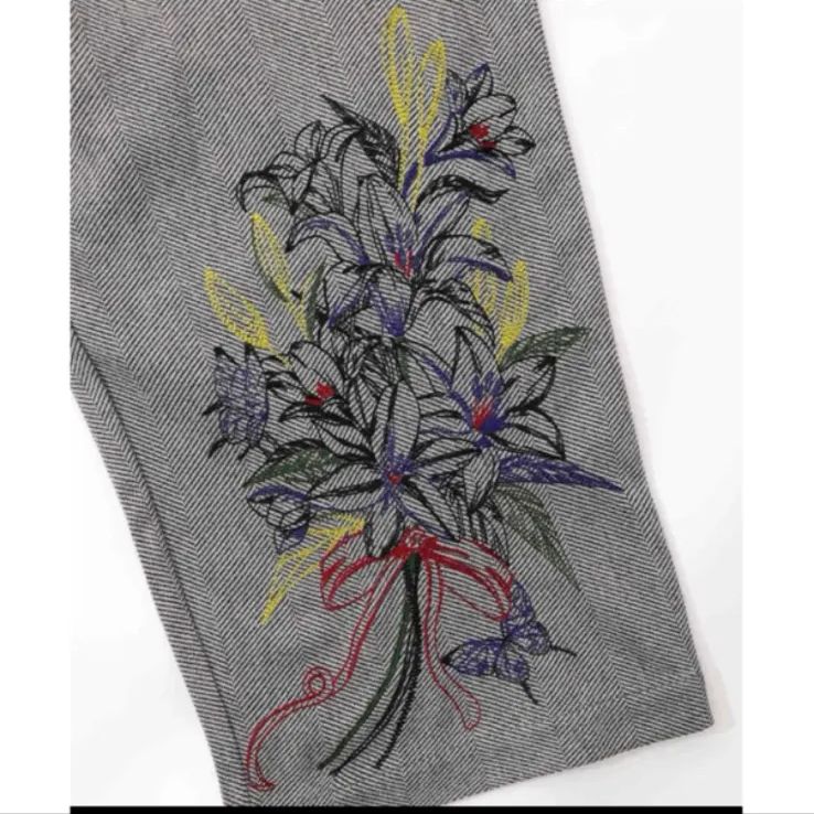  iS ScoLar 異素材切替 花束刺繍パンツ カジュアルパンツ パンツ