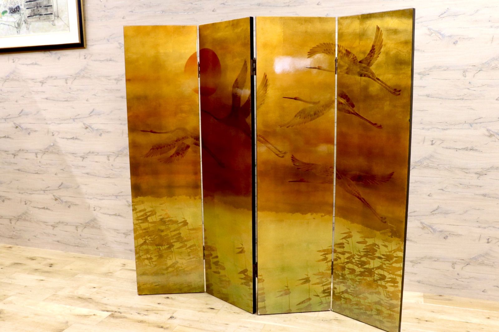 GMIS377○金屏風 4つ折り 衝立 パーテーション 間仕切り 飾り オブジェ
