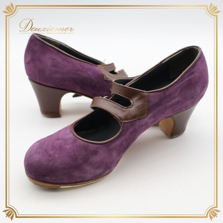 フラメンコ 衣装 シューズ ガジャルド gallardo パープル系 紫 茶 スエード スウェード 袋 ケース セット 釘 釘有り ヒール 靴 くつ ストラップ シンプル レッスン 練習 イベント ステージ 上品 かわいい ブラウン系