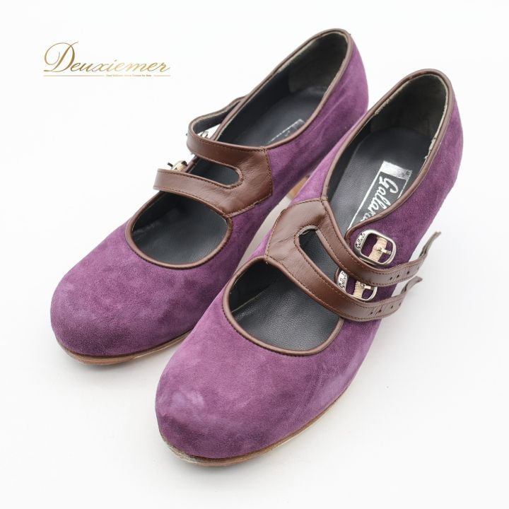 フラメンコ 衣装 シューズ ガジャルド gallardo パープル系 紫 茶 スエード スウェード 袋 ケース セット 釘 釘有り ヒール 靴 くつ ストラップ シンプル レッスン 練習 イベント ステージ 上品 かわいい ブラウン系