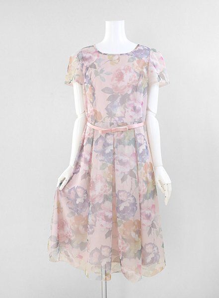 M S GRACY 水彩 花柄 シアー ワンピース サイズ40 ピンク ベルト付き フ ドレス エムズグレイシー G 114