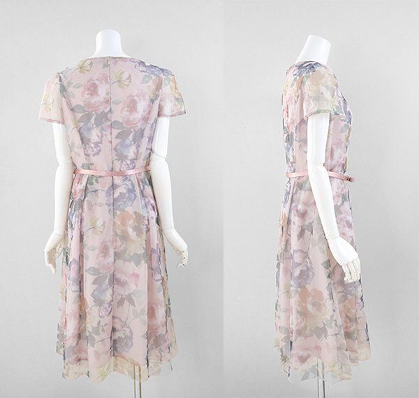 M S GRACY 水彩 花柄 シアー ワンピース サイズ40 ピンク ベルト付き フ ドレス エムズグレイシー G 114