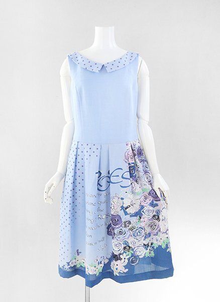 M S GRACY 襟付き ドット- ROSES 花柄 ワンピース サイズ40 ブルー ノースリーブ ドレス エムズグレイシー G 114