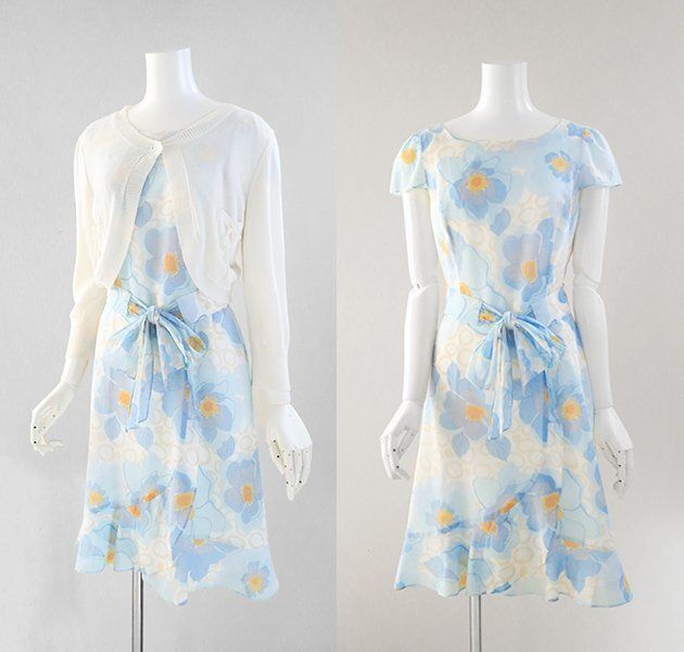 M S GRACY 花柄 ワンピース ＆ ボレロ カーディガン 2点セット サイズ40 ブルー ホワイト エムズグレイシー G 114