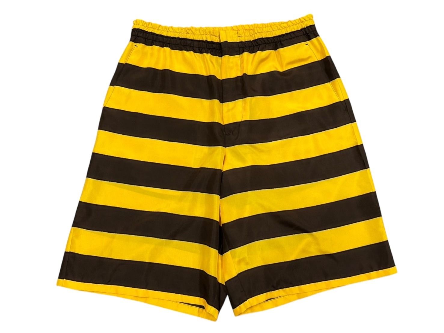 PRADA プラダ ボーダー シルクショートパンツ ショーツ SPH 218 サイズS イエロー ブラウン トライアングルパッチ 4 b 007886