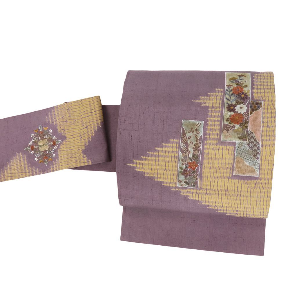 名古屋帯 生紬 正絹 蘇州刺繍 相良刺繍 絞り 花 桔梗 萩 菊 七宝 亀甲 中国三大刺繍 帯 カジュアル 仕立て上がり 九寸 No.i 6-2528