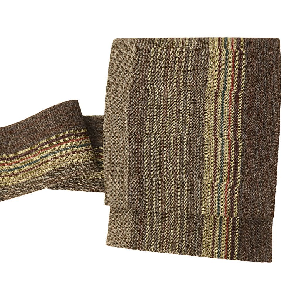 名古屋帯　金茶色系　細かな柄入り縞の織り　正絹 名古屋帯 博多織 金茶色系 細かな柄入りの縞 正絹