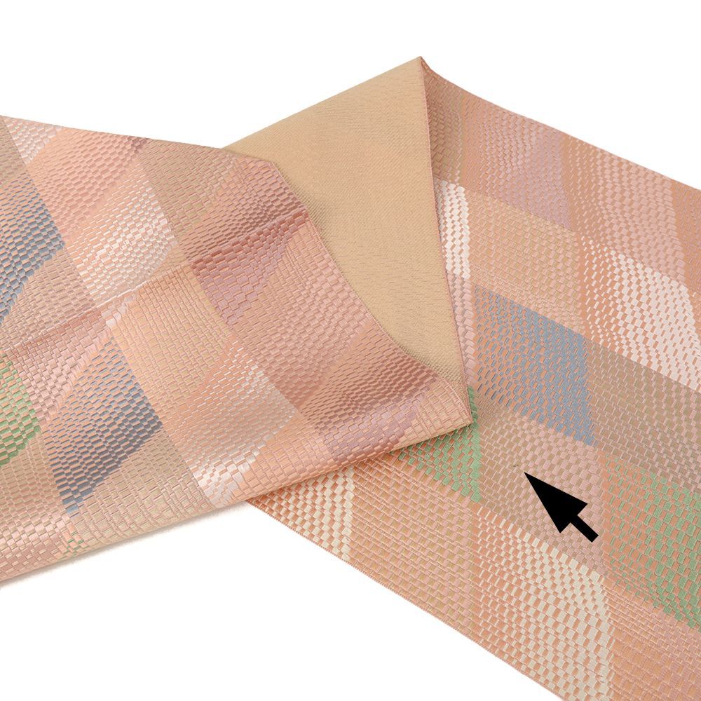 博多織 名古屋帯 中古 正絹 ピンクベージュ チェック 格子 仕立て