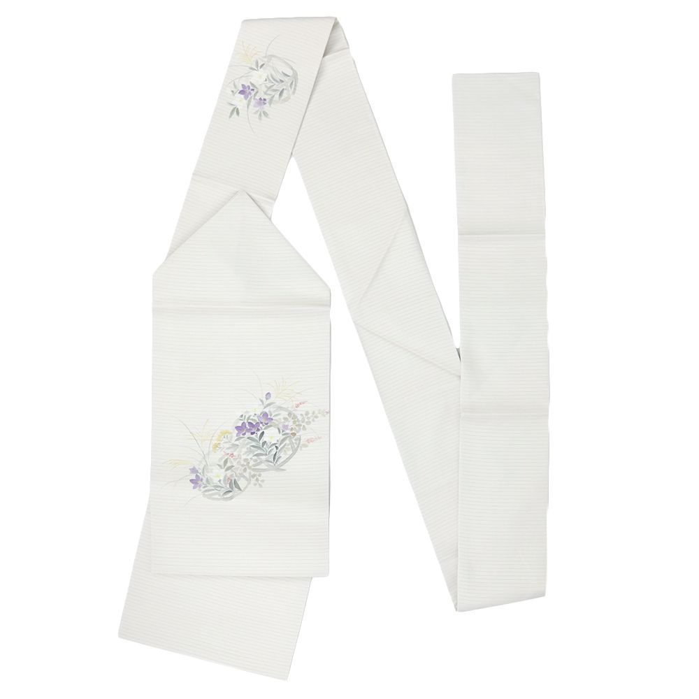 名古屋帯 夏 絽塩瀬 正絹 中古 白 グレー 花 秋草 桔梗 すすき 萩 手描
