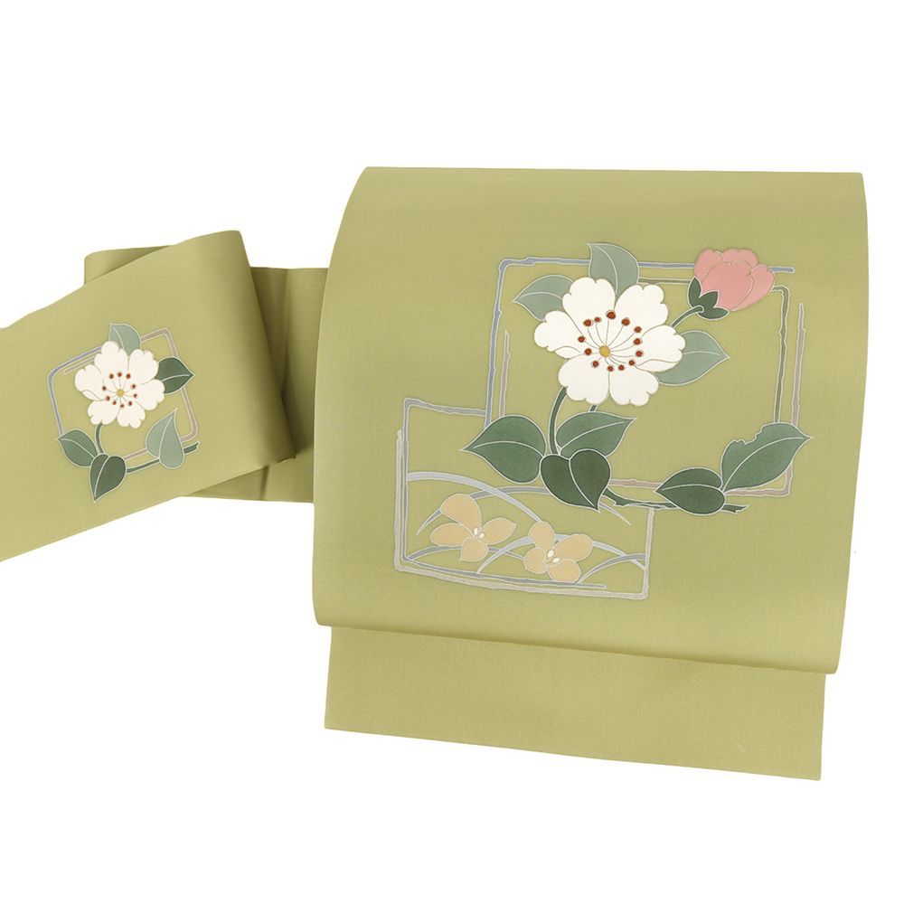 名古屋帯 塩瀬 正絹 抹茶 花 上の手描友禅 リサイクル 帯 作家物 カジュアル 着物 仕立て上がり 九寸 No.i 6-2523