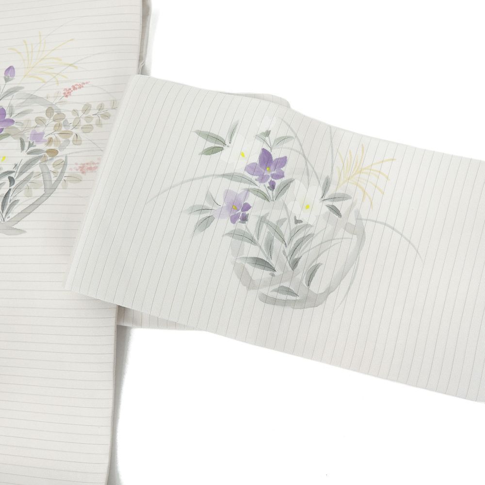 名古屋帯 夏 絽塩瀬 正絹 中古 白 グレー 花 秋草 桔梗 すすき 萩 手描