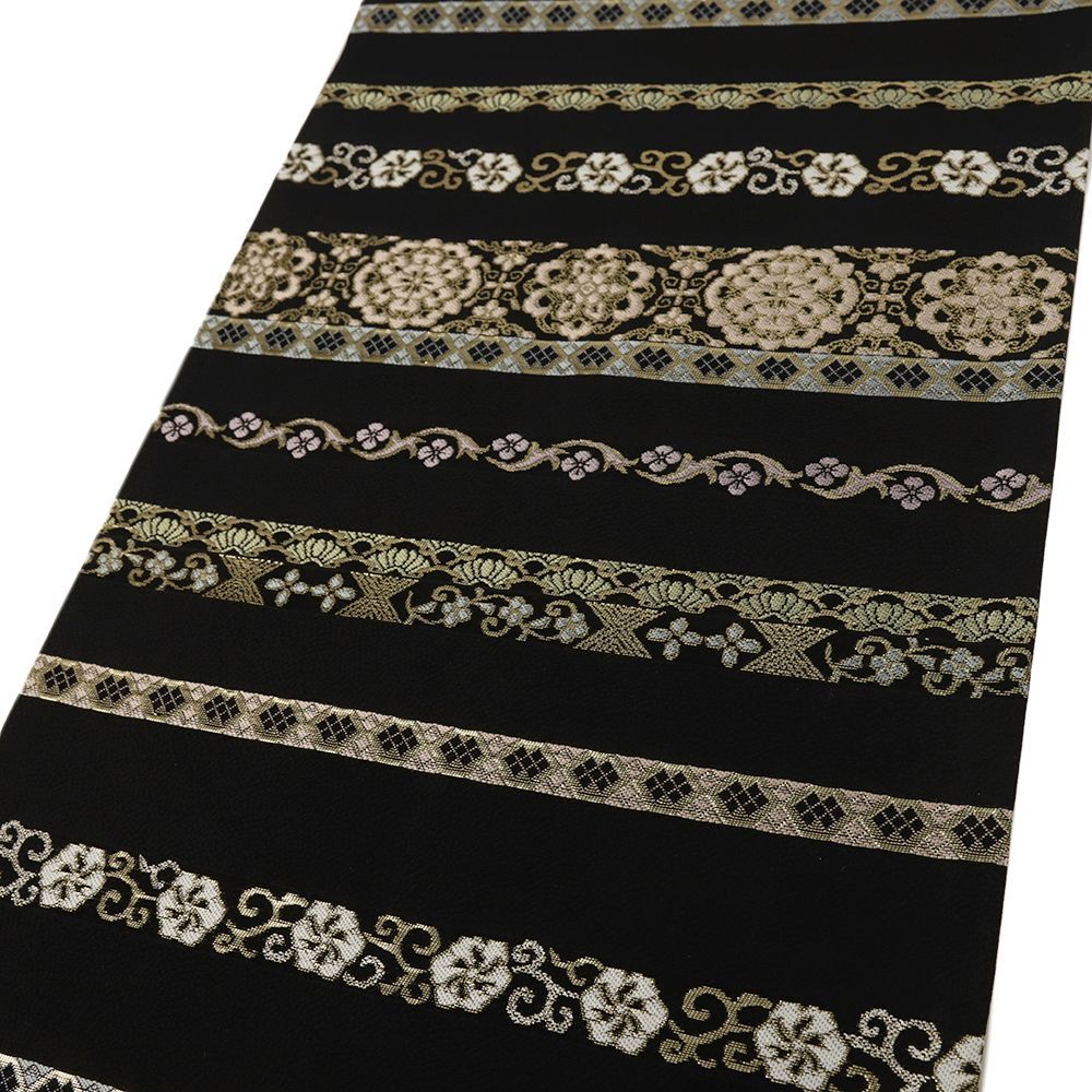 名古屋帯 正絹 黒 中古 花唐草 華文 カジュアル お洒落 仕立て上がり