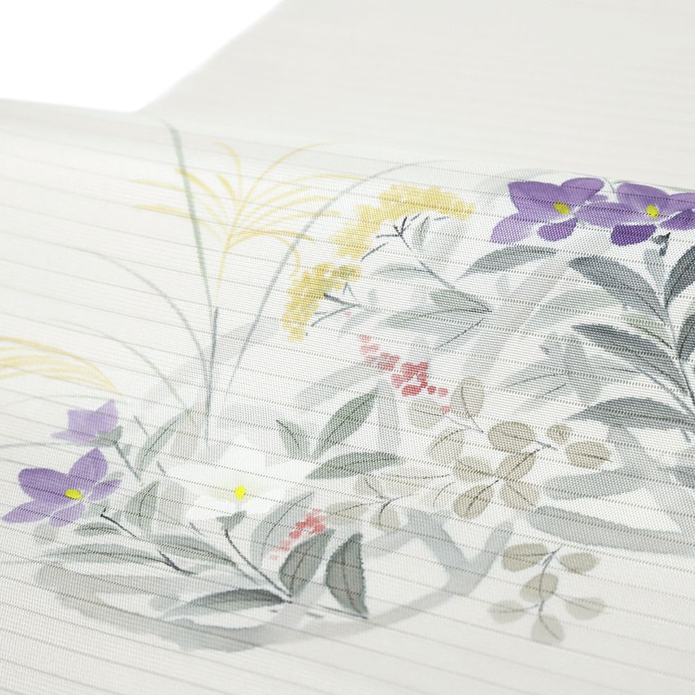 名古屋帯 夏 絽塩瀬 正絹 中古 白 グレー 花 秋草 桔梗 すすき 萩 手描