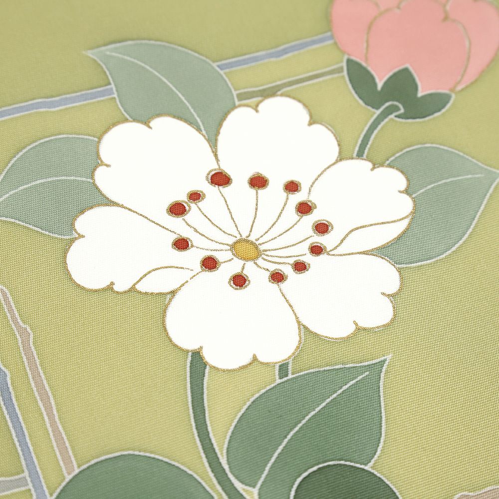 名古屋帯 塩瀬 正絹 新古品 抹茶 花 極上の手描友禅 リサイクル 帯