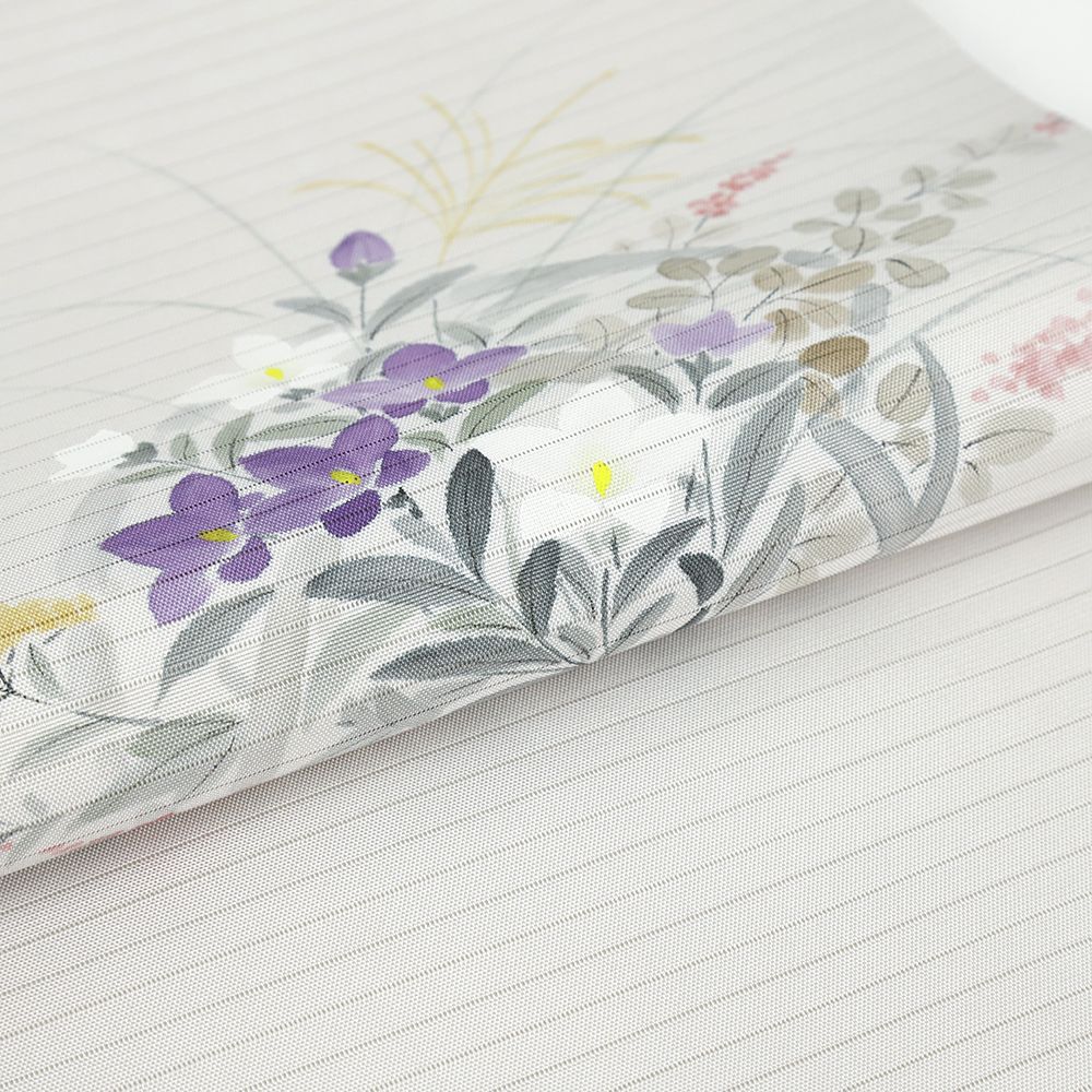 透け感　涼しげ　夏帯　絽ポリ　未使用品　灰青色　桔梗　ススキ図 中古） 夏訪問着 薄灰青 セミフォーマル 凛と咲く 草花文 夏 絹 【身丈