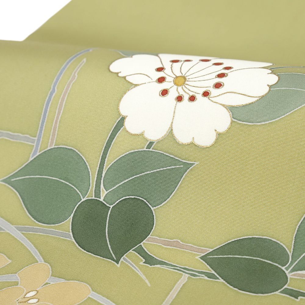 名古屋帯 塩瀬 正絹 新古品 抹茶 花 極上の手描友禅 リサイクル 帯
