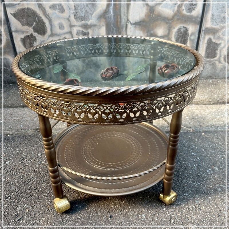 アンティーク薔薇装飾 サイドテーブル 天板ガラス バラ丸テーブル 薔薇のサイドテーブル 天板ガラス 円テーブル 丸テーブル バラ