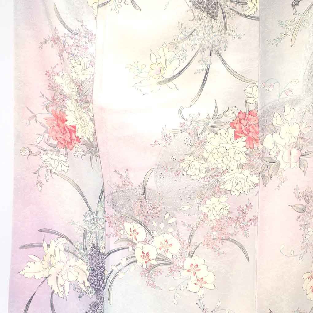 小紋 身丈158 cm 裄70 前幅24 後幅28 袖丈52 袖幅35 レディース 袷 花柄 裄長 裄L-LLサイズ 秋冬春用 正絹 シルク ピンク リメイク リユース リサイクル 呉服のきくや